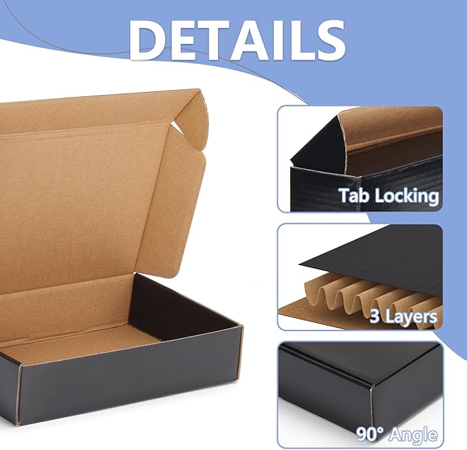 EXYGLO 6 Pack 11x8x2 Shipping Boxes, Black Corrugated Cardboard Boxes for Packaging Small Business, Moving, Shipping, Mailing, and Storing