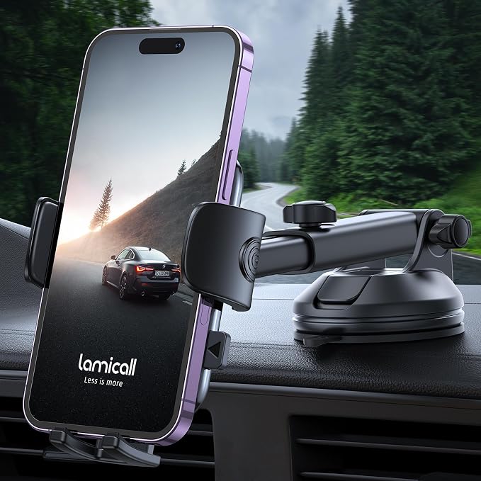 Lamicall Car Phone Holder Military-Grade Suction Cup Dashboard Windshield | 360° Rotation Phone Holders for Your Car, Quick Release Adjustable Phone Mount for Car for iPhone 17 16 15 Pro Max Dark Grey
