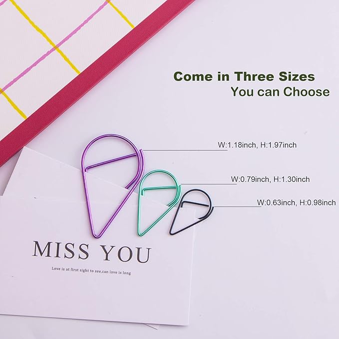 100 Pieces Multicolor Cute Paper Clips Medium, VENCINK Smooth Stainless Steel Tear Drop-Shaped Wire Paperclips for Office Supplies Wedding Women Girls Kids Students Paper Work