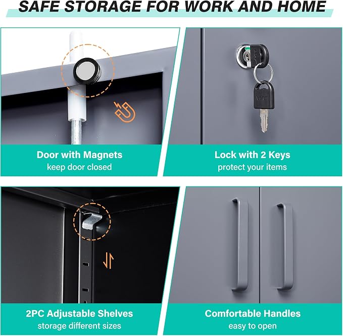 Storage Cabinet with Doors and Shelves,36 inch Metal Storage Cabinet with Locking Doors,Small Metal Cabinets with Lock,Gray Garage Cupboard for Home Office,Garage,Shop