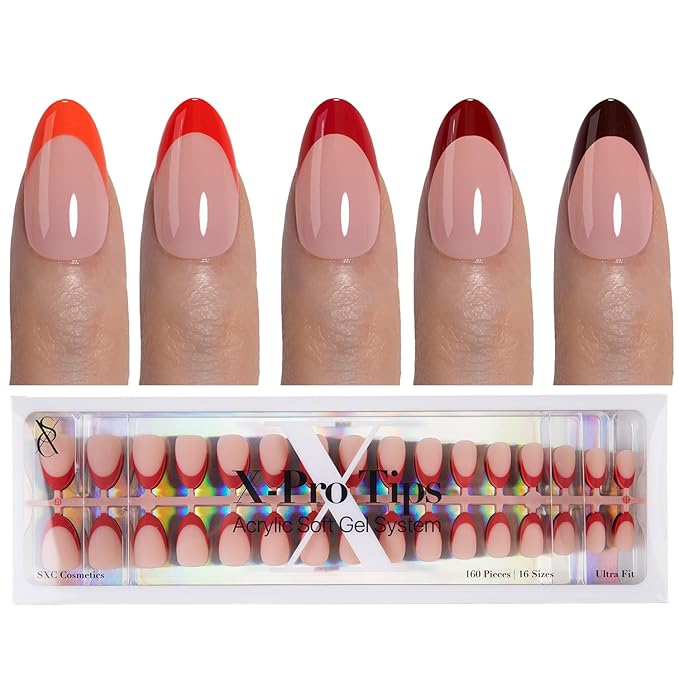SXC Cosmetics French Tip Press On Nails 150 Pieces in 15 Sizes Ultra Fit with Pre-applied Tip Primer and Base Coat, No Need to File Fake Nails for Nail Art DIY X-Pro Tips (5RED114-S Almond)