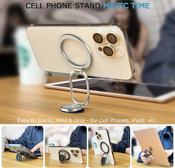 Doflyesky Magnetic Phone Grip for MagSafe Ring Holder, Metal Double Adjustable Gym Finger Ring Grip Kickstand, Removable Phone Grip for iPhone, iPad and Smartphones (Natural Titanium)