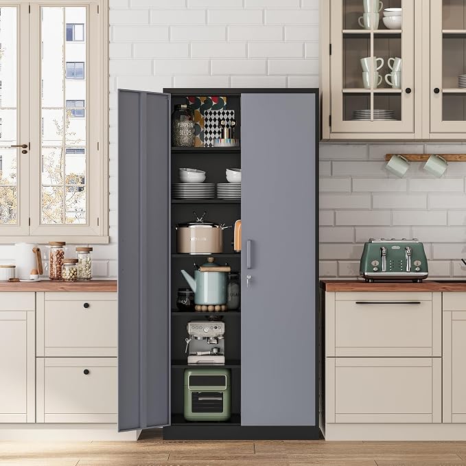 Fesbos Metal Cabinet Steel Storage Cabinet - 71” Tall File Cabinets with Lockable Doors and 5 Adjustable Shelves Black&Gray Steel Storage Cabinets for Home, School, Office, Garage
