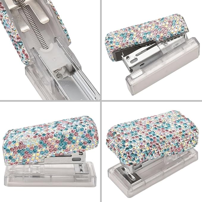 Bling Rhinestone Stapler, Sparkly Diamond Staplers, Cute Desk Stapler for Women & Girls, Bling Crystal Machine Pretty Office Stationery Kit (Blue with AB Color Plated, Small)