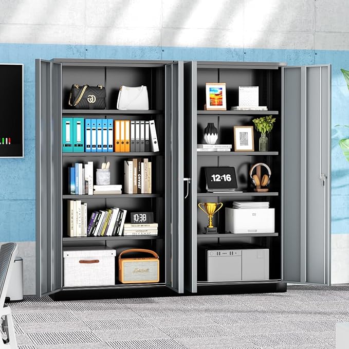 Metal Storage Cabinet,72" Locking Steel Cabinets with 2 Doors and 4 Adjustable Shelves,Tall Steel Storage for Home Office, Garage,Warehuse (Black Grey)
