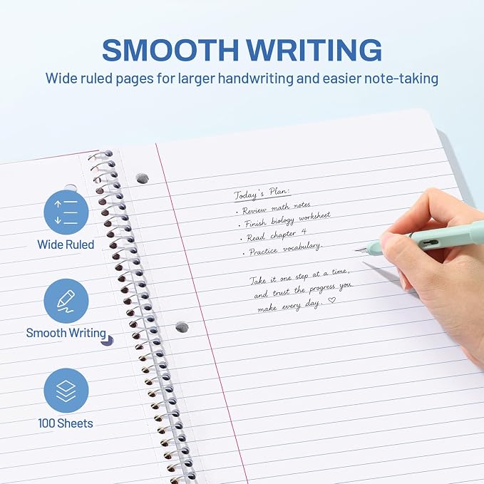 SUNEE Spiral Notebook, 1-Subject, Wide Ruled Paper, 8" x 10-1/2", 100 Sheets per Notebook, 3-Hole Punched Paper, Water Resistant Cover, Double-sided Pockets, Grey Blue