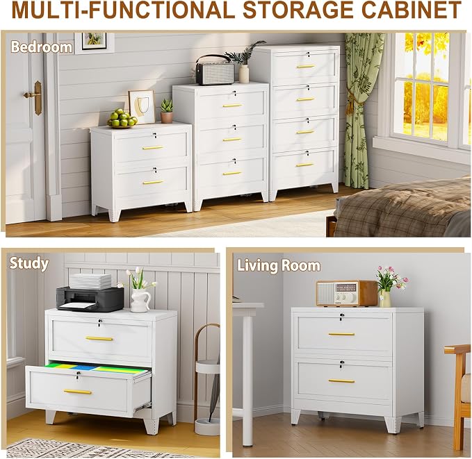 2 Drawer Metal File Cabinet with Lock,Lateral Filing Storage Cabinets,Steel Wide File Organization for Legal/Letter/A4/F4 Size with Hanging Files&Key,Lockable Printer Stand for Home Office, White