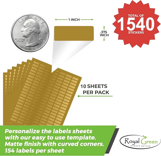 Printable Rectangle Labels, 1 x 0.375 Inch - 1540 Pack | Gold printable labels for inkjet & laser printers. Template included.