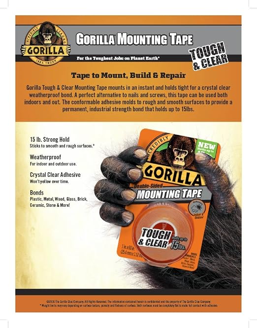Gorilla Tough & Clear; Double Sided Mounting Tape; Weatherproof; 1" x 60"; Clear; (Pack of 9)