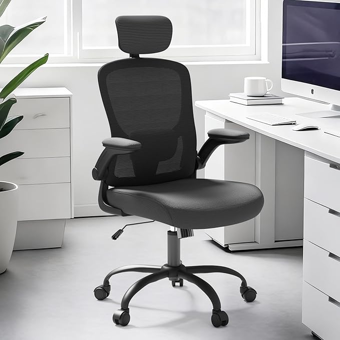 Ergonomic Office Chair - Adjustable Lumbar Support and Headrest, High Back Desk Chair with Flip-Up Arms for Home Office, 90-120° Tilt & Swivel Rolling Task Chair (Black)