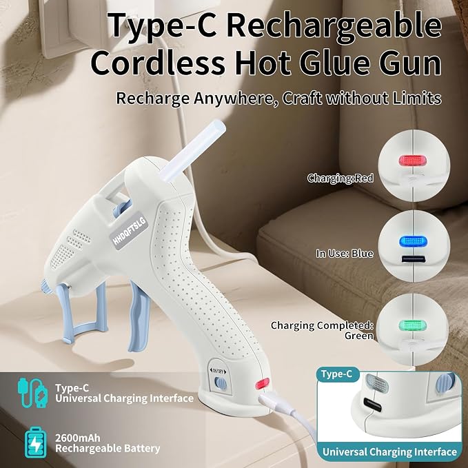 Cordless Hot Glue Gun Kit with 30 Sticks, Fast Heating 2.6Ah Rechargeable | 20W Anti-Drip Glue Gun and Sticks Set (0.27"×6") USB-C Rechargeable Mini Glue Gun Ideal for School Crafts DIY Making Repairs