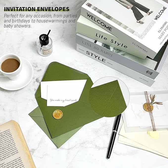 YINUOYOUJIA 50 PCS Olive Green Specialty Paper Envelopes A7, 5 x 7 Envelopes for Invitation, Great for Wedding Invitation Cards, Photos,Perfect for Birthday, Baby Shower, Graduation, Christmas