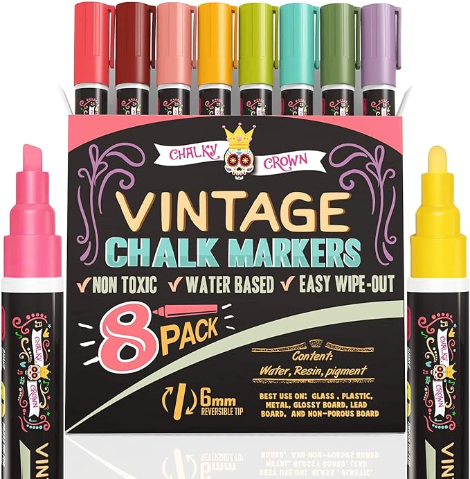 CHALKY CROWN Liquid Chalk Markers - Vintage Colors - 8 Pack, 6mm | Unique Vintage Color Palette for Glass, Signs & Chalkboards - Reversible 6mm Chisel & Bullet Tip - Easy Wet Wipe Clean