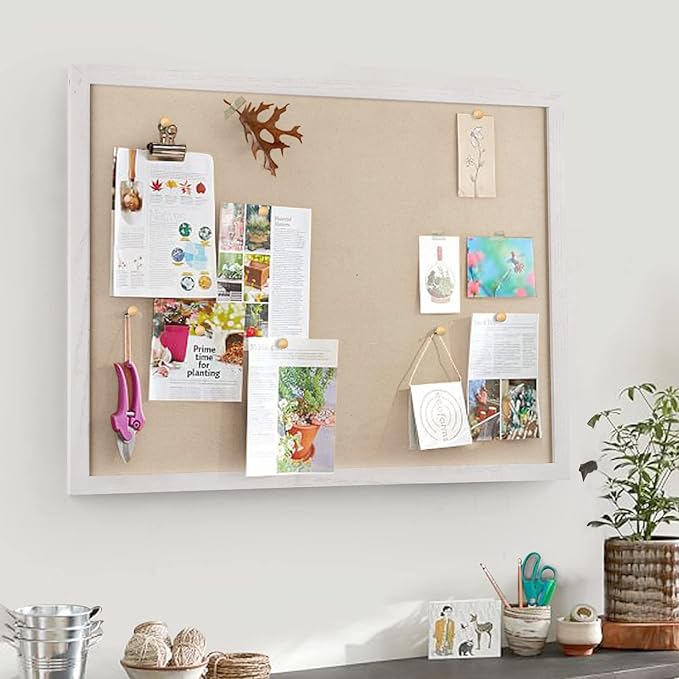 Miratino Large Bulletin Board 23x18 inch with Linen Cork Boards Wall Decor Hanging Pin Wood Framed Display Bulletin Cork Photo Picture Board Light for Room School Office 20-Pushpin Vintage White