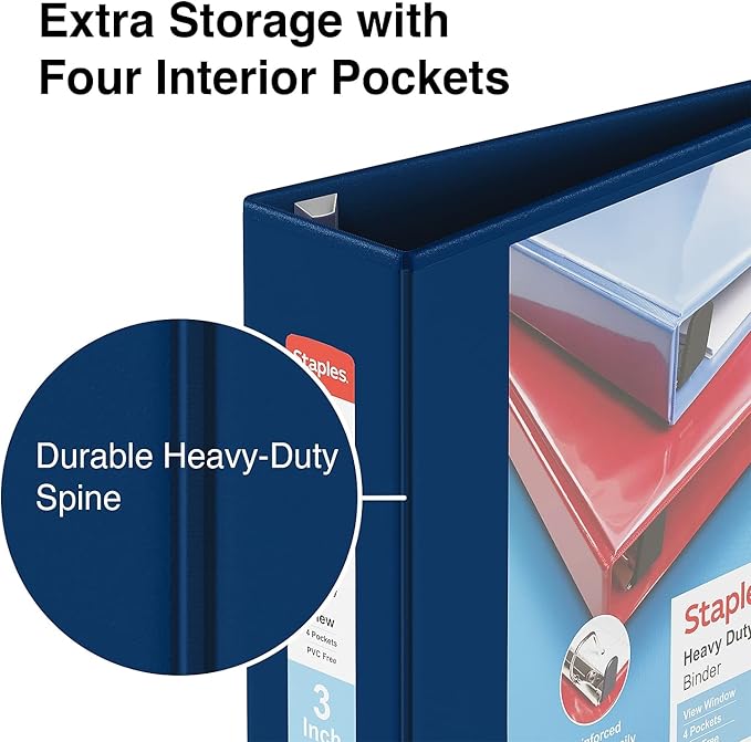 Staples Heavy‑Duty View Binder, 3" D‑Ring, Blue, Reinforced Spine, High‑Capacity 3‑Ring Binder for School & Office Organization