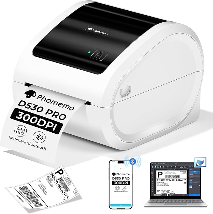 Phomemo Ethernet Thermal Label Printer, 300DPI with Built-in Paper Bin | D530Pro 4X6 Shipping Label Printer for Small Business, Home, Office, Compatible with Ethernet/Bluetooth/USB, Amazon, USPS