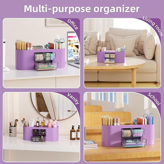 Marbrasse Pen Holder for Desk with 3 Drawers, Multi-Functional Pencil Holder, Desk Organizers and Accessories with 7 Compartments for Home, School, Classroom (Purple)
