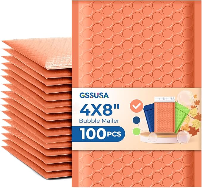 GSSUSA Orange Bubble Mailers 4x8 100 Pack, Self Seal Padded Envelopes | Usable Size 4x7, Waterproof, Opaque, #000, Colorful Mailing Bags For Cards, Jewelry, Gifts, Crafts, Small Businesses