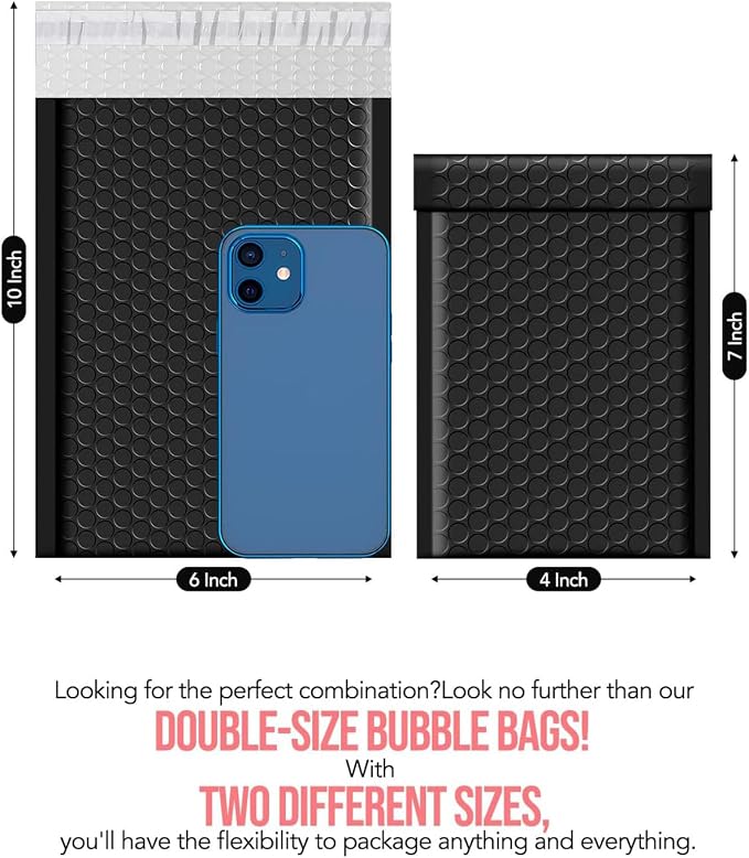 GSSUSA Black Bubble Mailers 4x8 & 6x10 100 Pack, Self Seal Envelopes | Usable Sizes 4x7 and 6x9, Waterproof, Opaque, #000, Mailing Bags for Cards, Jewelry, Makeup, Small Business Orders