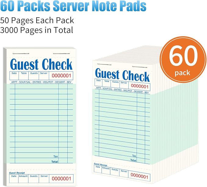 ZPARIK 60 Pack/3000 Tickets Guest Checks Books for Servers, Green | 50 Sheets Per Pack, Total 3000 Total Tickets; Durable Server Notepads for Cafes, Diners & Restaurant Staff