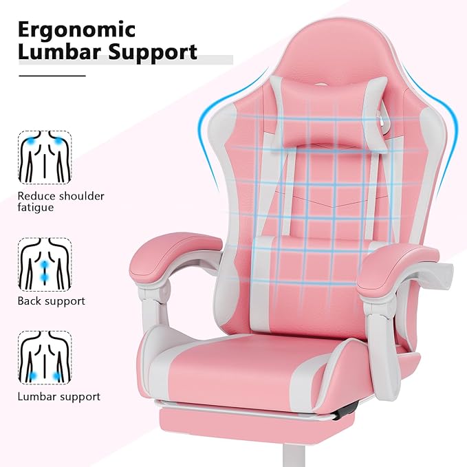 Gaming Chair with Headrest and Lumbar Support, Ergonomic High Back Office Chair, Racing Style Executive Computer Desk Chair, Leather Adjustable Swivel Task Chair for Home Office (Pink White)