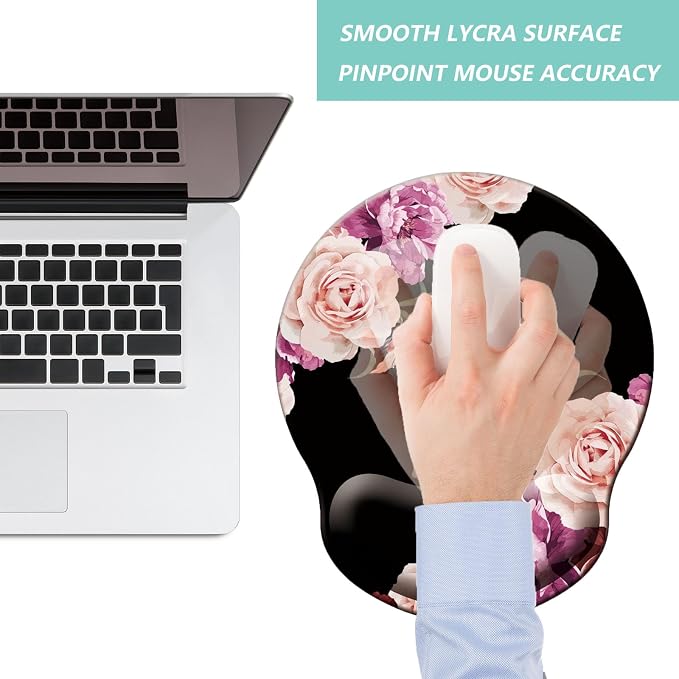 Mouse Pad with Wrist Support, Ergonomic Mouse Pad with Memory Foam Wrist Rest Cushion, Non-Slip Rubber Base Gaming Mice Pad for Home Office Computer Laptop, Flowers Pink