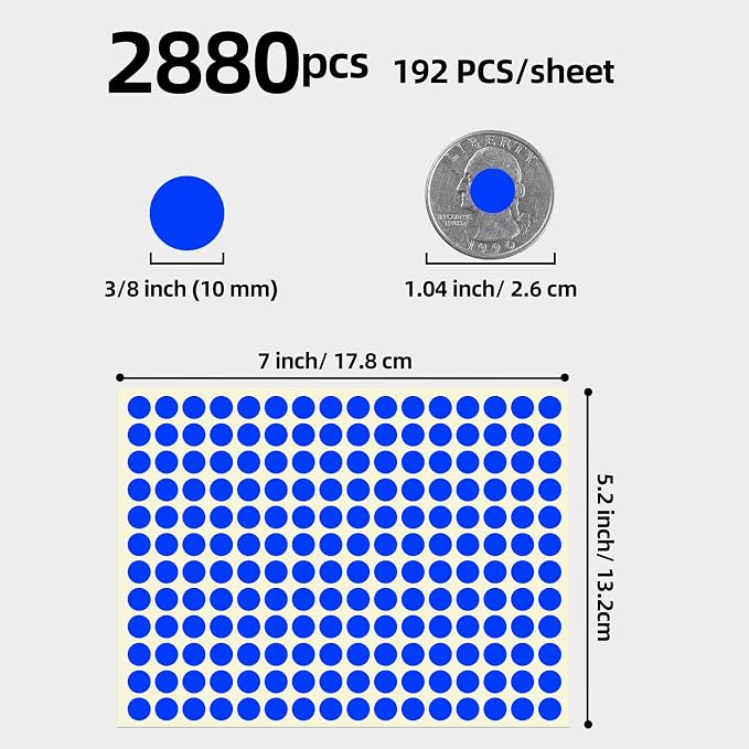 3/8" Small Colored Dot Stickers 2880 PCS Round Circle Stickers Tiny Blue Coding Labels Mini Sticker for Office,Classroom (Blue, 3/8" (10 mm))