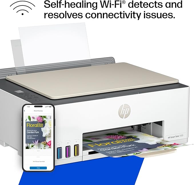 HP Smart Tank 5103 Wireless All-in-One Ink Tank Printer, Scanner,2 Years of Ink, 100 Sheets of Photo Paper Included, Cartridge-Free, Refillable, AI-Enabled (5D1B2A)