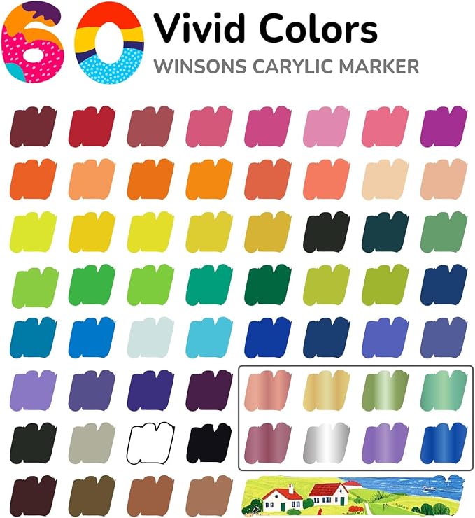 WINSONS Acrylic Markers, 60 Dual-Tip Paint Pens for Rock Painting, Colouring Books, Mugs, Canvas Shoes, Metal, Scrapbooking - Quick Dry, Brush & Fine, Drawing Markers