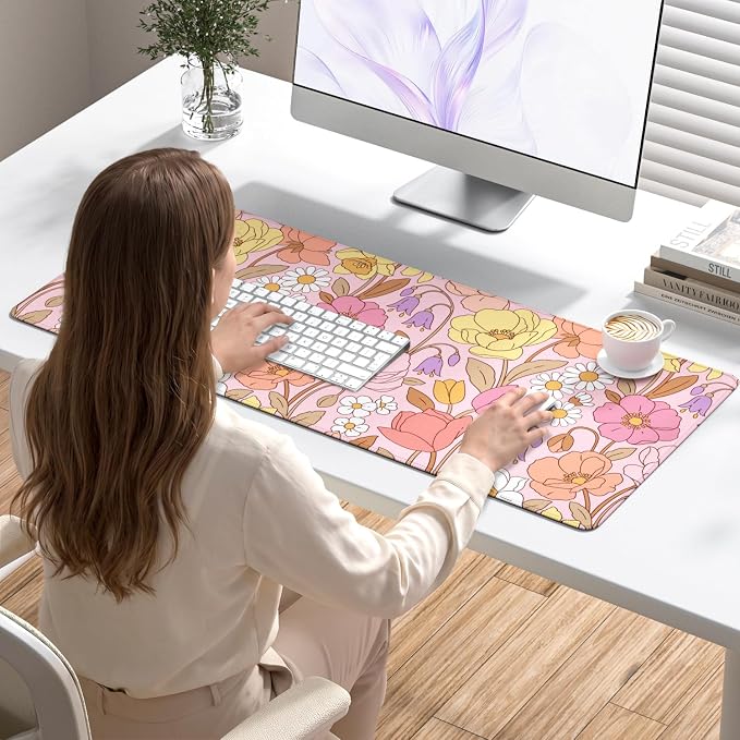 Desk Mat, Large Gaming Mouse Pad, 32" x 12", Boho Pink Tulip | Waterproof Desk Pad, Non-Slip Rubber Base, Desktop Mat with Stitched Edges, Desk Accessories for Office, Work, Home