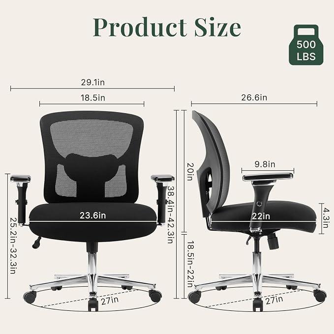 DUMOS Big and Tall Office Desk Chair, Ergonomic Mesh Computer Chair | Comfortable Lumbar Support, 4D Armrest, 500lbs Heavy Duty, Wide Seat, 360° Swivel Rolling Wheels, Adult, Ink