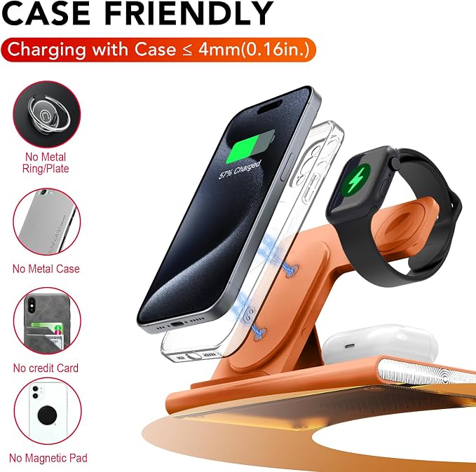 3 in 1 Foldable Wireless Fast Charging Station for Apple Multiple Devices | iPhone Charging Station for iPhone 17, Travel iWatch Charger Stand, Light Nightstand Charging Dock for Apple Watch/Airpods