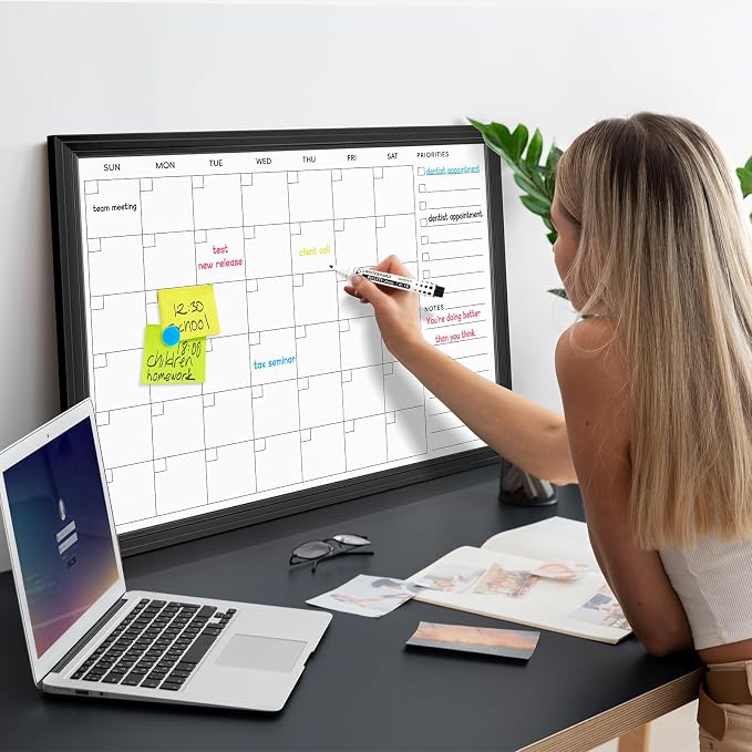 DOLLAR BOSS Magnetic WhiteBoard Calendar, 36x24 in, Dry Erase Board, Black | Monthly Dry Erase Planner for Wall with White Wood Style Frame for Office, School, Dorm, Home Decor