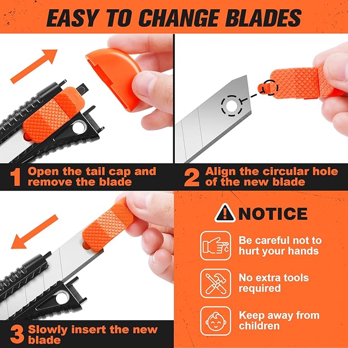 3 Pack Utility Knife Box Cutter Retractable, Compact Box Knife for Cartons, Cardboard and Boxes, with 10 Piece 18mm Wider Snap-off Blade Razor Sharp Blade, Perfect for Office and Home Use