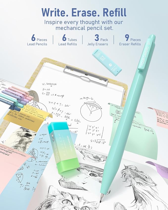 Four Candies School Supplies with Cute Pencil Case, 39ct, Blue | Back to School Stationery Set, Essentials for College & Nursing Students, 5 Gel Pens, 6 Mechanical Pencils, 12 Highlighters