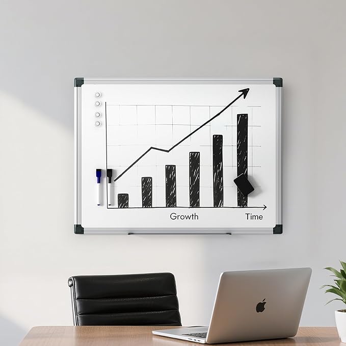 VUSIGN Magnetic Dry Erase Board for Wall, 24" x 18" Magnetic Whiteboard with Eraser, Markers, Magnets, Pen Tray, Marker Board for Home, Office, Students, Silver