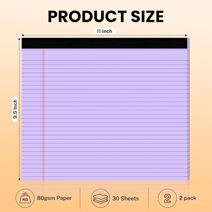 2 Pack Purple 11" x 9.5" Legal Pads College Ruled Notepad Note Pads 30 Sheets Lined Paper Pads 80 GSM Legal Pad Perforated Writing Pads with Sturdy Back for School, Office, Home