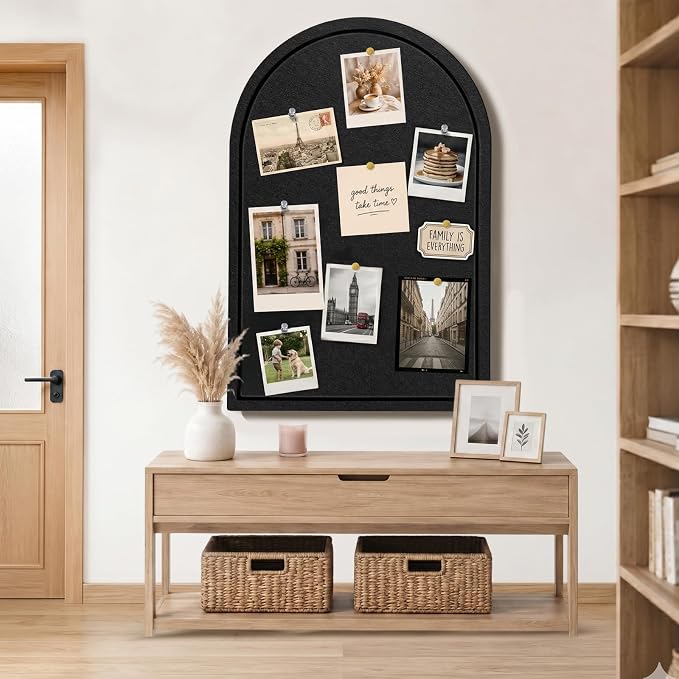 Arched Felt Bulletin Board, Sized 36" x 24" Cork Board Alternative Grooved Edge Foldable for Office & Wall, Foldable Picture Self-Adhesive Boards with Pins Hooks for Photo Display School Home, Black