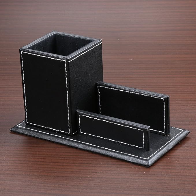PU Leather Desk Organizer and Accessories, Pencil Holder for Desk with Business Cards Stand, School Office Supplies Collection Caddy Black
