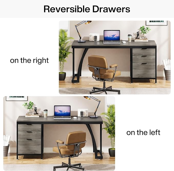 Tribesigns Computer Desk with 3 Drawers, 59-Inch PC Desk with Reversible Drawers, Industrial Study Writing Table Workstation with File Storage for Home Office (Grey)