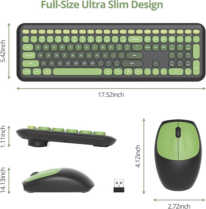 Surmen Dark Green Keyboard and Mouse Wireless Quiet, Full-Size Girly Cute Keyboard Mouse Retro Typewriter Low-Noise 2.4GHz for Computer, Desktop, Laptop (6-Black Green)