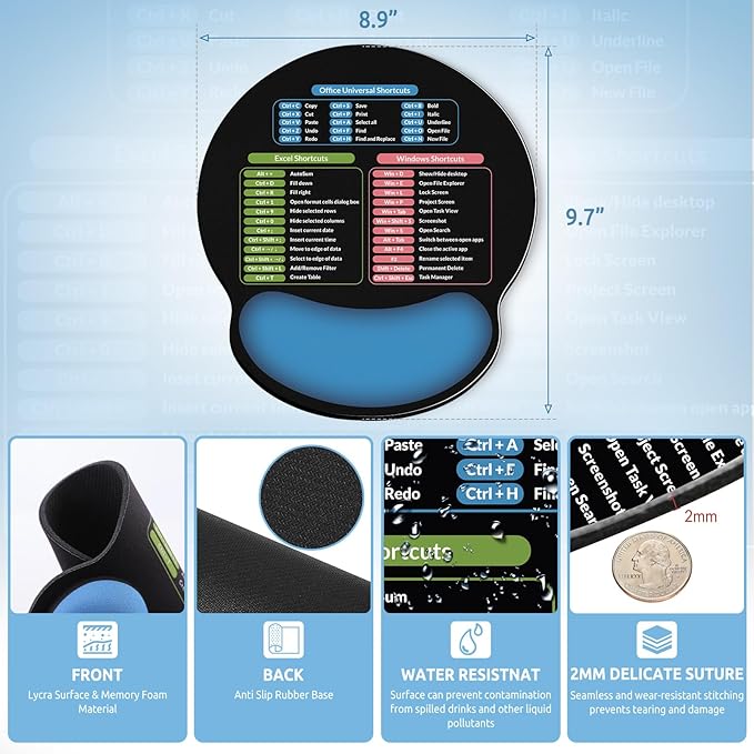 Ergonomic Mouse Pad with Wrist Rest, Small Excel Cheat Sheet Desk Pad with Windows & Office & Excel Shortcuts, Non-Slip Rubber Base Mouse Pads for Desk with Smooth Surface, Black Blue