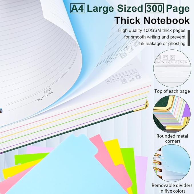 Hardcover Spiral Notebook 8.5"x11" Journal Notebook with Tabs and Removable Dividers 300 Pages 5 Subject Notebook College Ruled, Faux Leather Spiral Bound Notebook for Women School Work(Green)