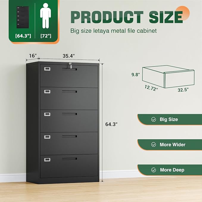 5 Drawer File Cabinet with Lock,Metal Lateral Filing Cabinets for Home Office Hanging Files Letter/Legal/F4/A4 Size(Black-Requires Installation)