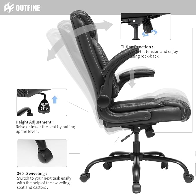 Flip-Up Arms Executive Office Chair, 300lbs, Hydrolysis-Resistant Leather | Flip-up arms, waterfall pads. 5-year durable leather. Sturdy BIFMA, 300lbs. Tilt relax, class 4 lift.