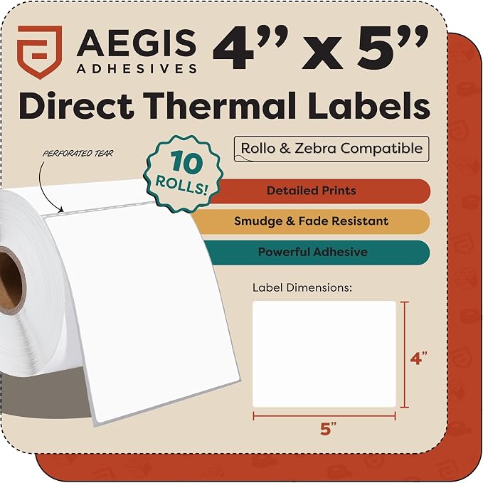 4" X 5" Direct Thermal Labels (3000 Count, 10 Rolls) | Postage Shipping Labels, FNSKU Barcode Identification - Compatible With Zebra and Rollo Printers - Aegis Adhesives