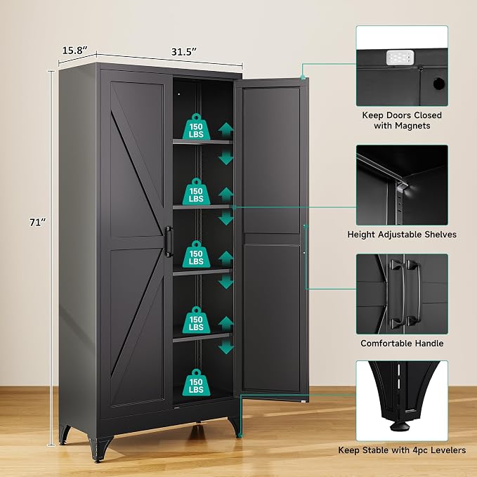 Pantry Storage Cabinets with 2 Doors and 5 Shelves,Tall Storage Cabinet,Large Cupboard Closet,Farmhouse Storage Cabinet for Home,Kitchen,Dining/Living Room (White, 71" H)