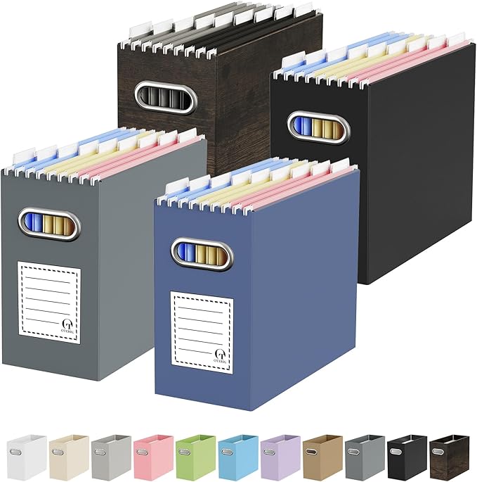 Portable Collapsible Cardboard File Box with Handle for Letter-Size | 4-Pack. Stainless Steel Handle. Label Stickers Included. Fits Letter Folders (Not Included). Home, Office, School, Dorm, Tax.