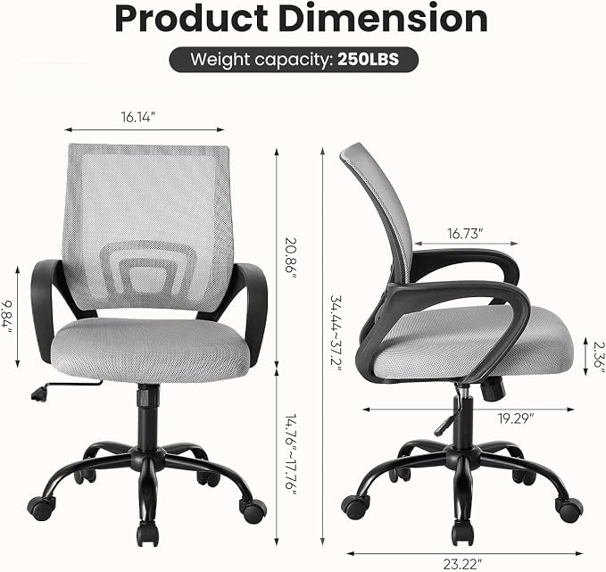 DUMOS Ergonomic Office Chair, Executive Desk Chair with Lumbar Support | Mid Back, Breathable Backrest, Fixed Armrest, Height Adjustable, 360° Swivel, Computer Gaming, Meeting, Grey