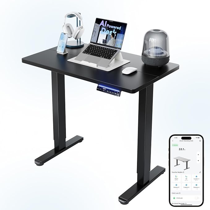 HUANUO AI-Powered Smart Electric Standing Desk, 32 Inch, Black | AI App & Voice Control via Alexa, Google Assistant & Siri Shortcuts, 28.3–46.5-Inch Height, Compact 32-Inch Desk, 3 Settings